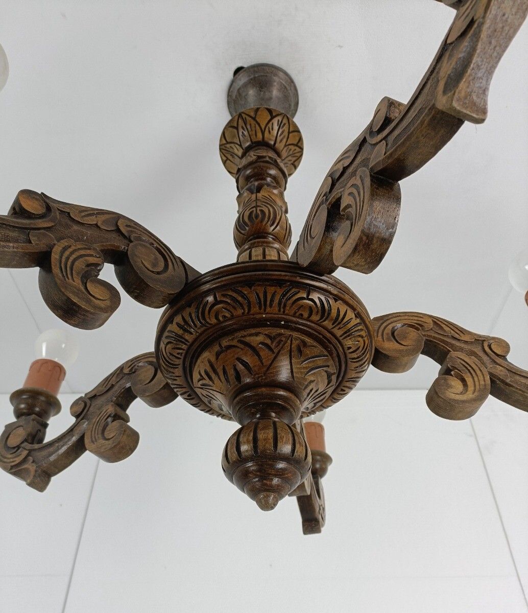 Hand Carved Wooden Chandelier 5 Arm 5 Lights Vintage Modernist Barn Style Farmho photo vinterior