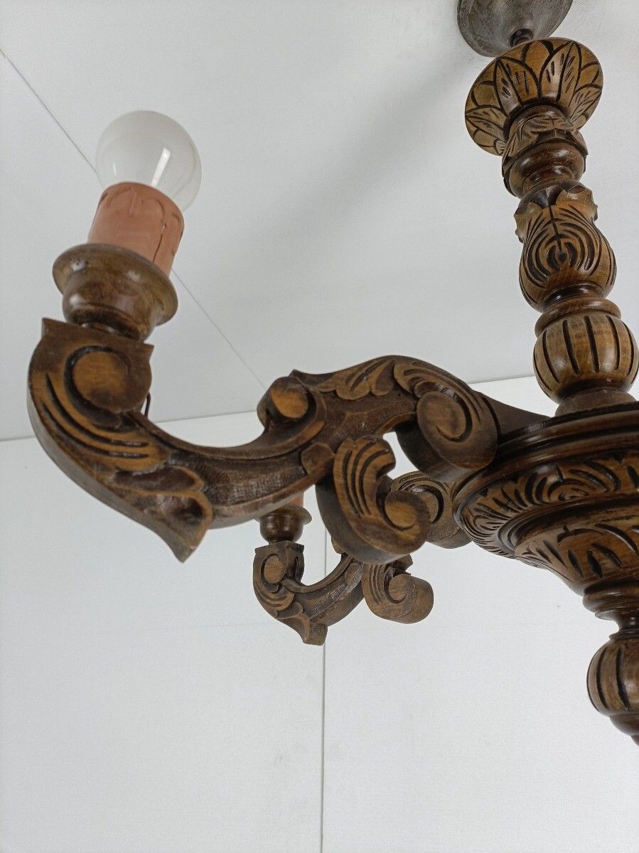 Hand Carved Wooden Chandelier 5 Arm 5 Lights Vintage Modernist Barn Style Farmho photo vintage