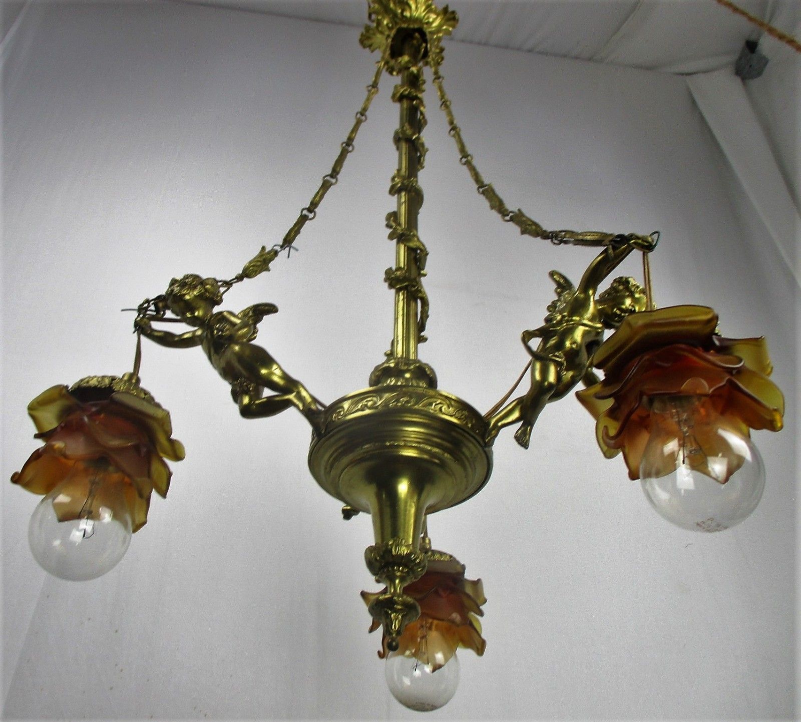 Antique Empire  Chandelier Putti Cherubs Angels 3 Arm Lights Amber Shades Lovely photo for sale