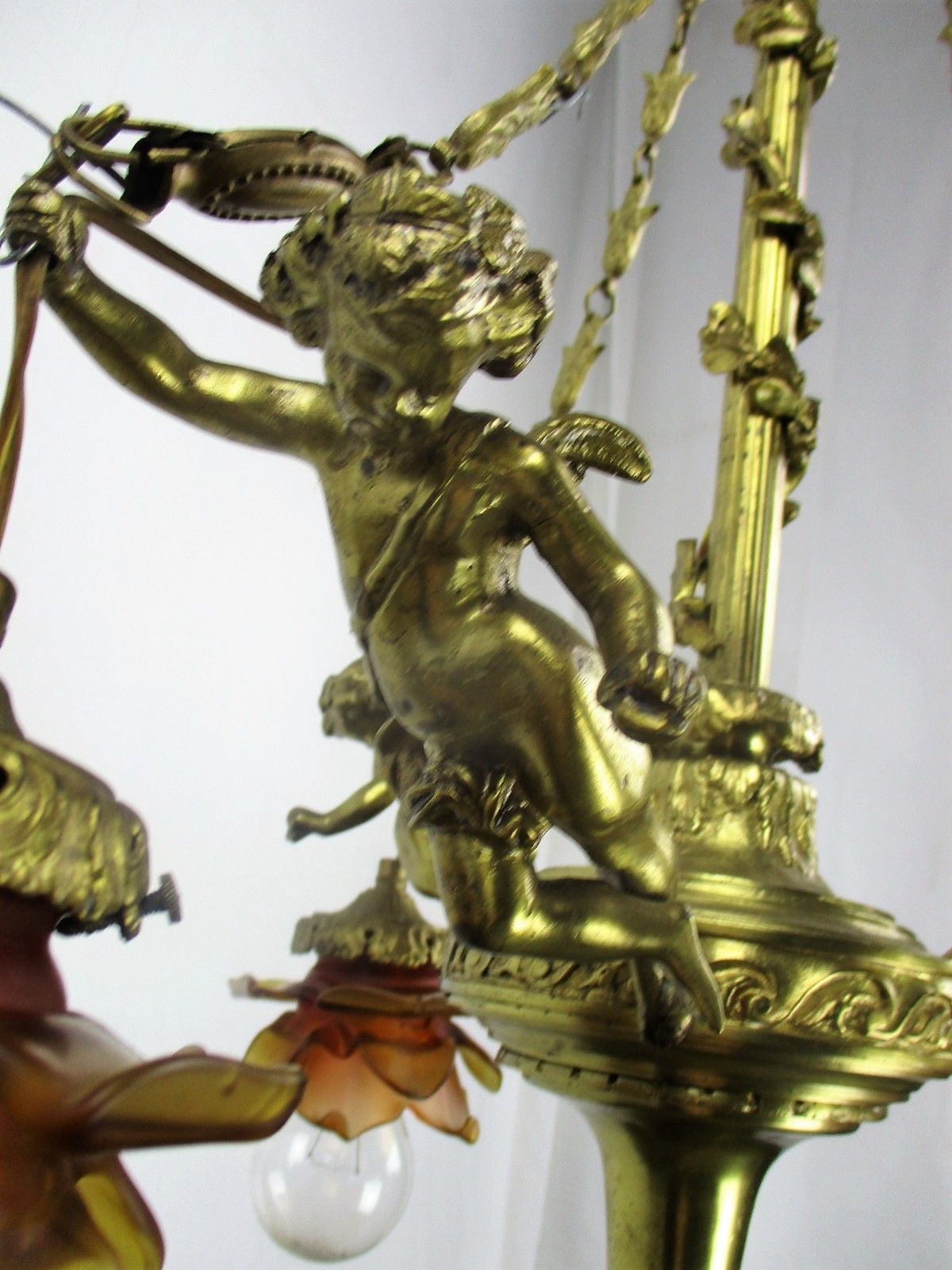 Lighting Antique Empire  Chandelier Putti Cherubs Angels 3 Arm Lights Amber Shades Lovely photo
