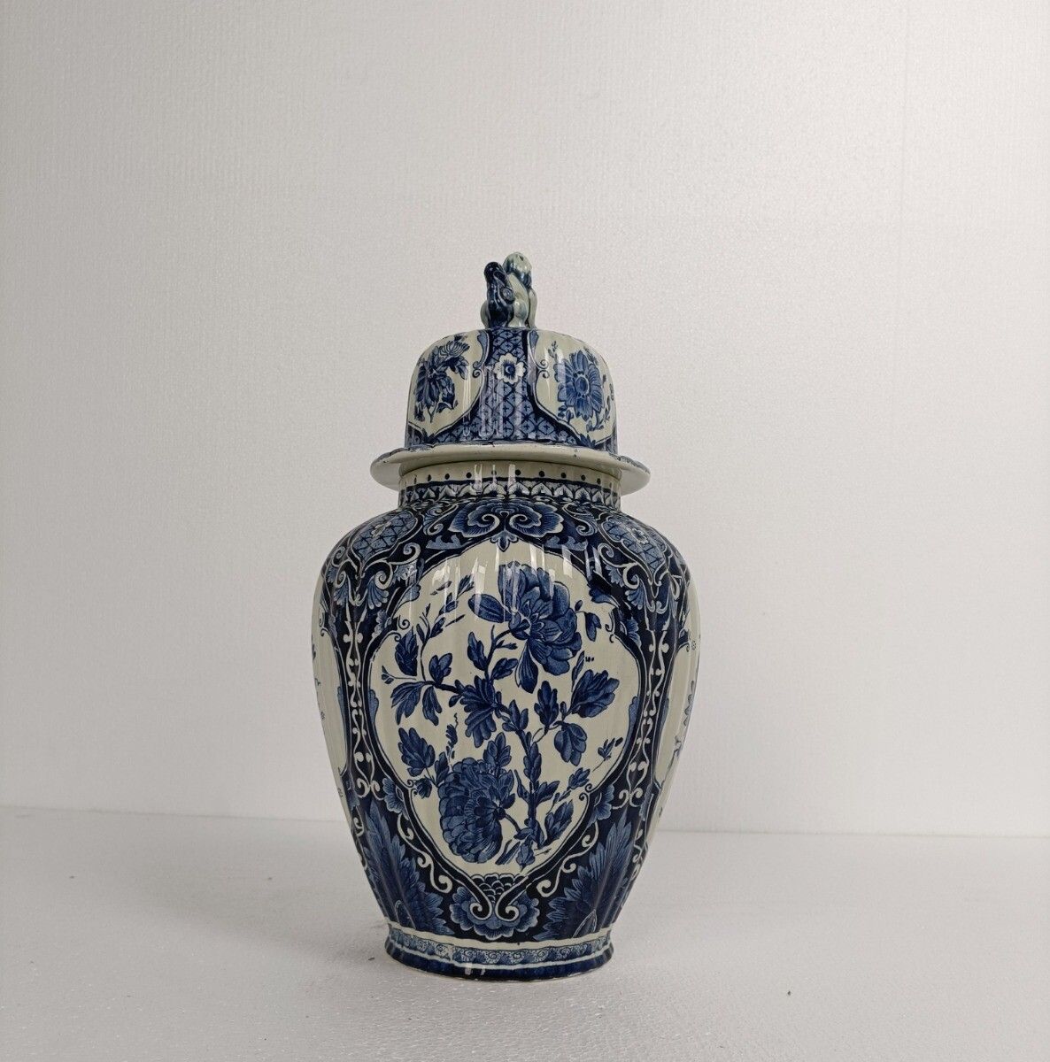 Large Royal Sphinx Maastricht Delft Vase Urn Marked Blue White Foo Dog photo for sale