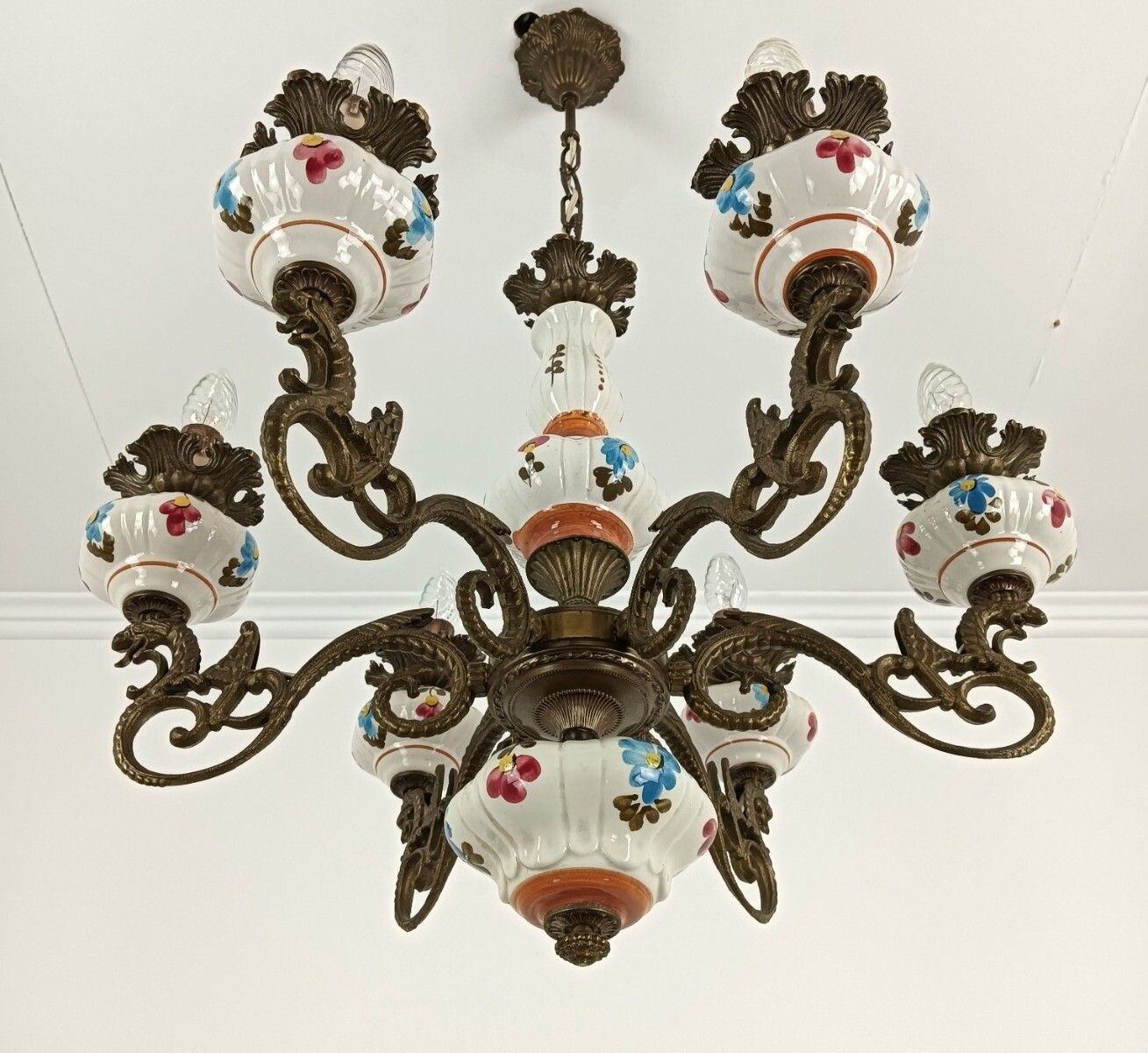 Chandelier Pottery Faience Porcelain Fixture Dragons 6 Lights Arm Vintage Handpa photo vintage