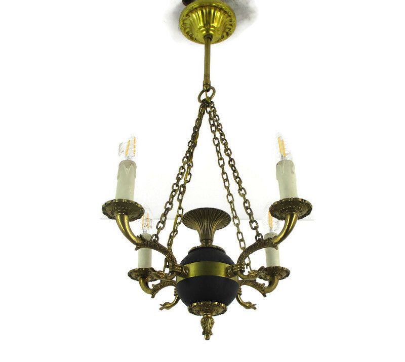 French Empire Pan Chandelier Green Tole Brass 4 Arms Hollywood Regency Ducks Htf