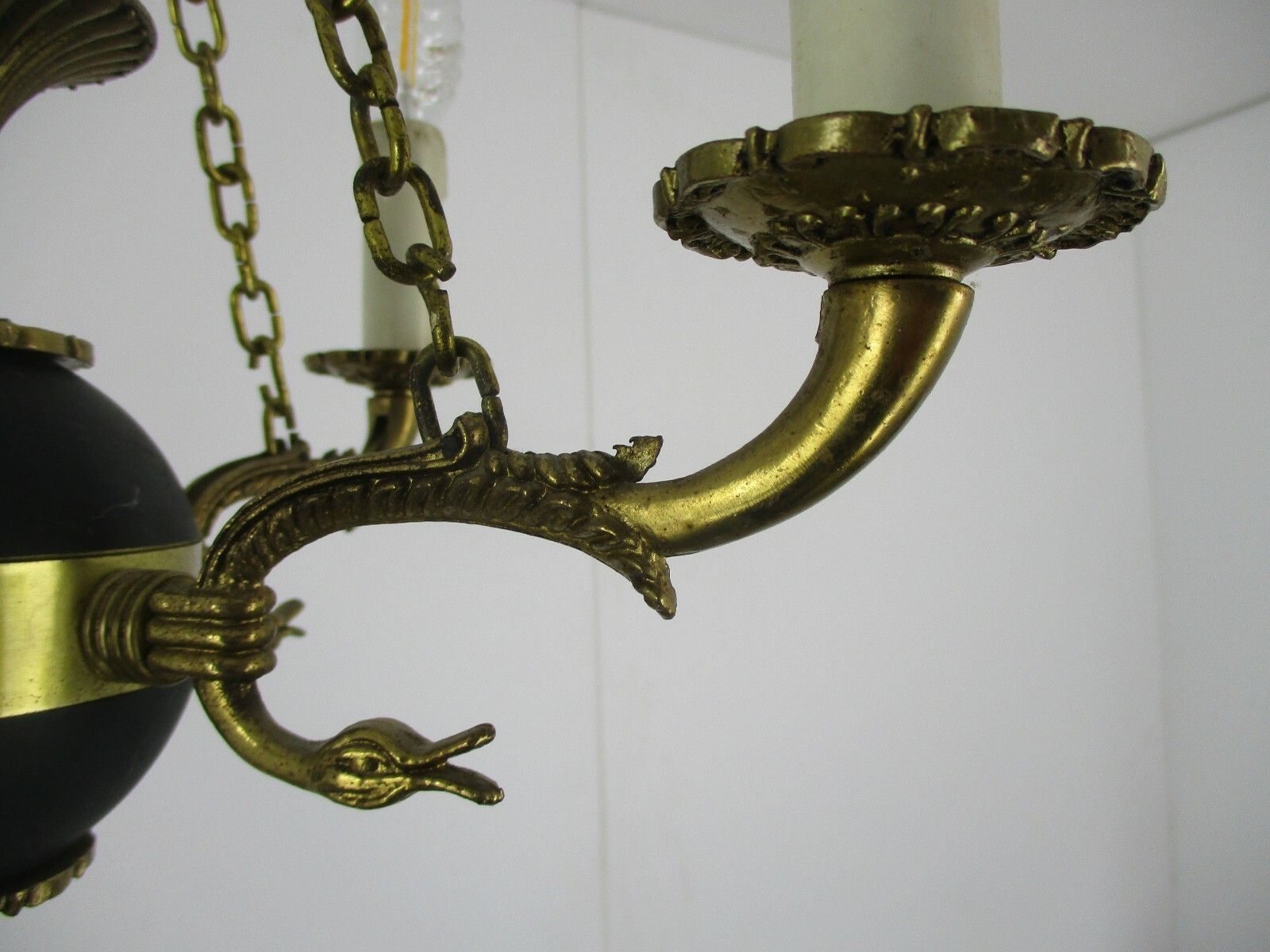 French Empire Pan Chandelier Green Tole Brass 4 Arms Hollywood Regency Ducks Htf photo buy