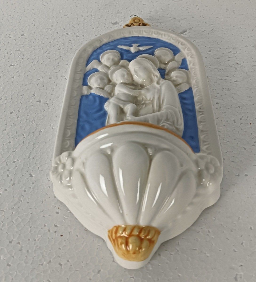 Beautiful Holy Water Font Vessel Italy, Virgin Mary, Infant Jesus, Angels Vintag photo for sale