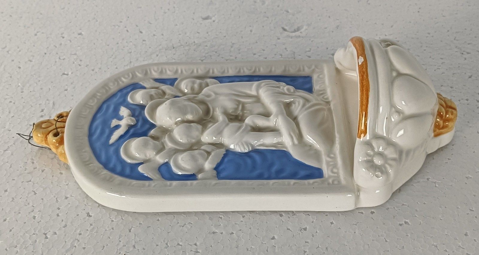 Beautiful Holy Water Font Vessel Italy, Virgin Mary, Infant Jesus, Angels Vintag photo vintage