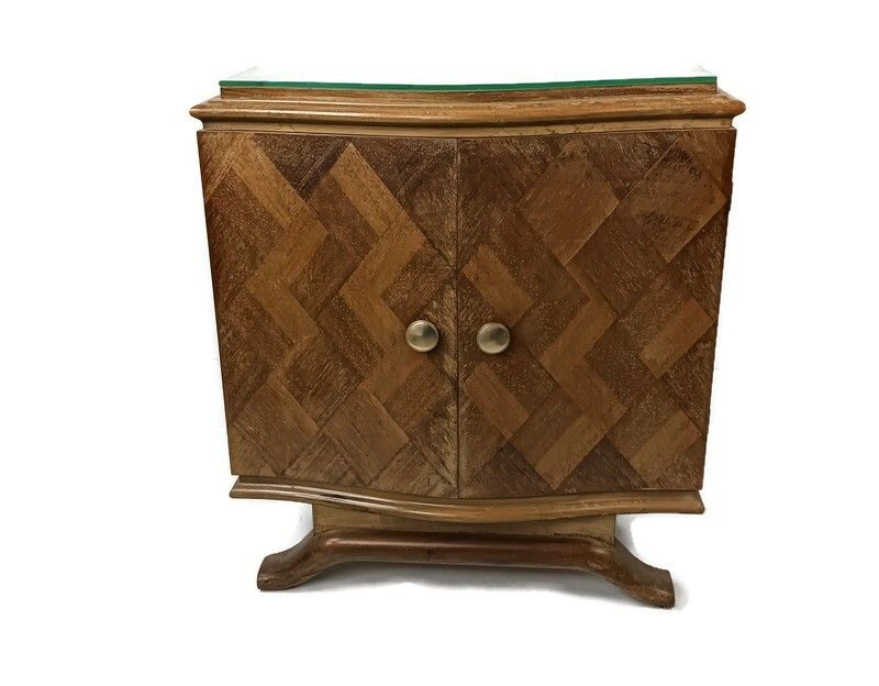 Art Deco Nightstand End Table Cabinet Inlay Marquetry Wood Glass Top Antique Lov