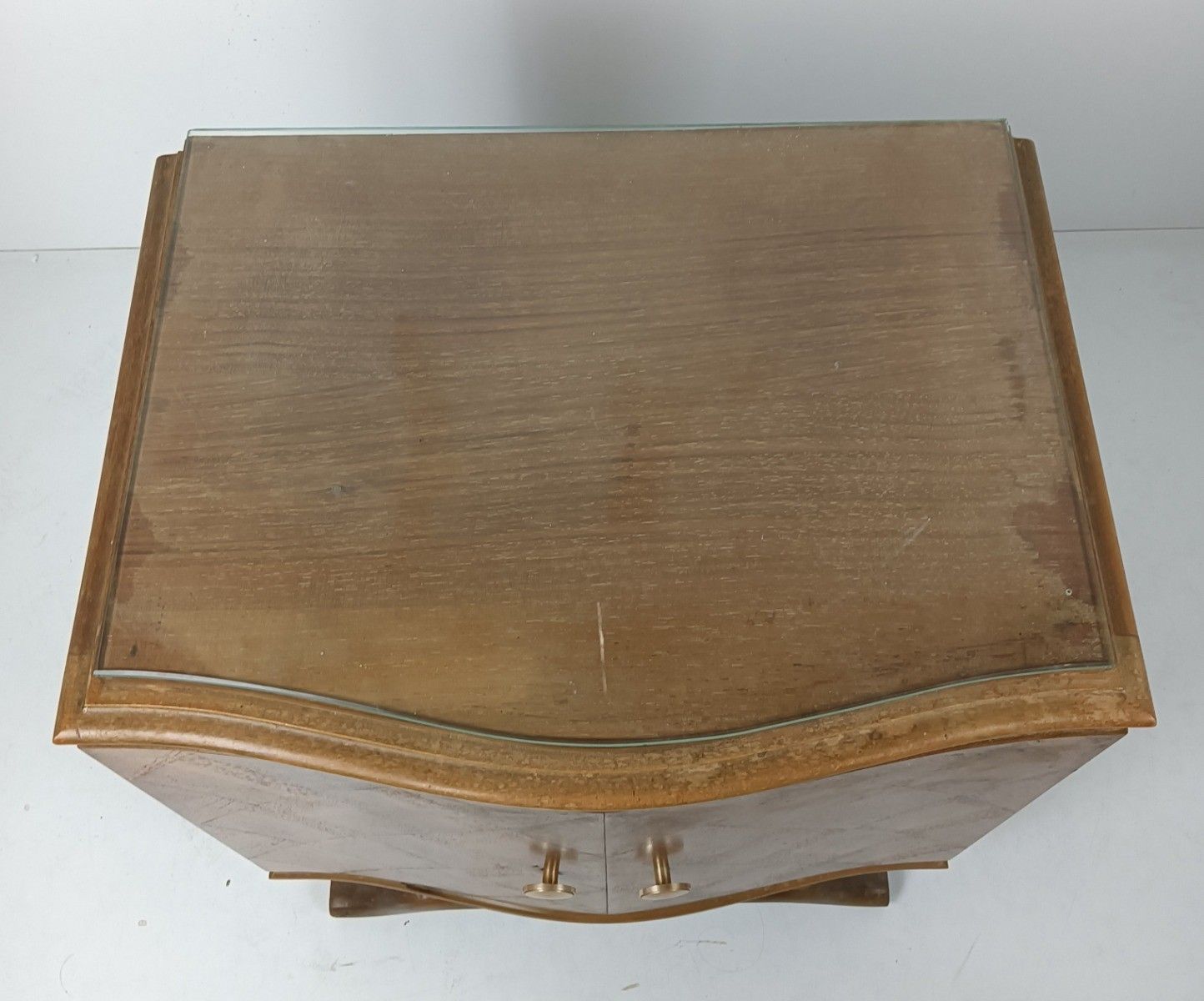 Art Deco Nightstand End Table Cabinet Inlay Marquetry Wood Glass Top Antique Lov photo for sale