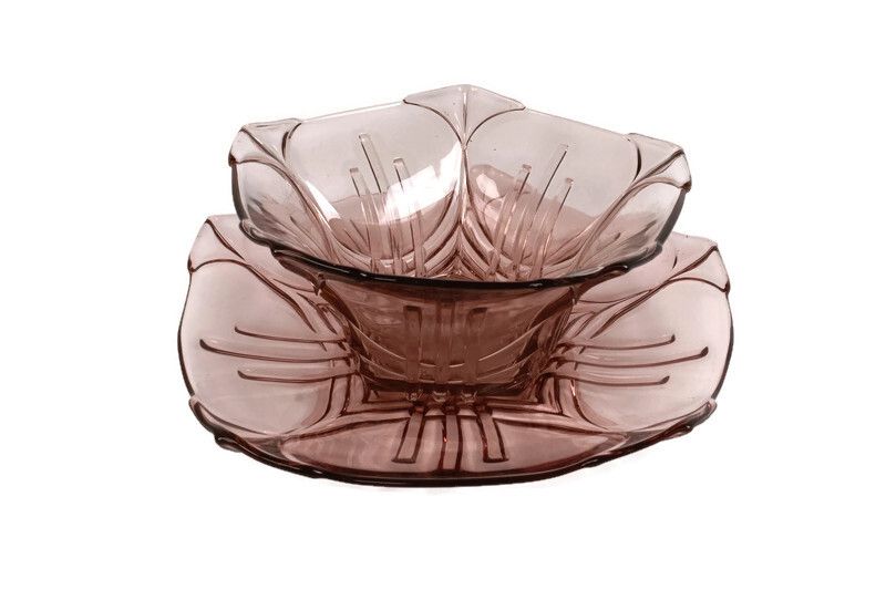 Art Deco Bowl Dish Centerpiece Basket With Serving Tray Art Glass Pink Val Sain