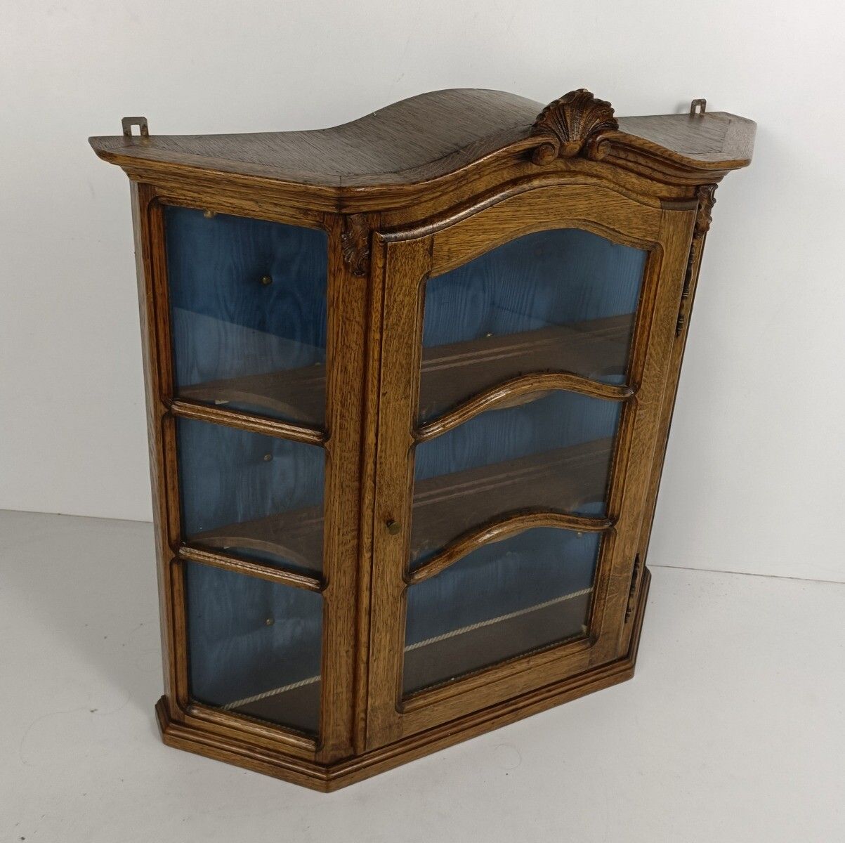Ornate Carved Wood Glass Doors Display Cabinet Blue Velvet Modernist Vintage photo furniture