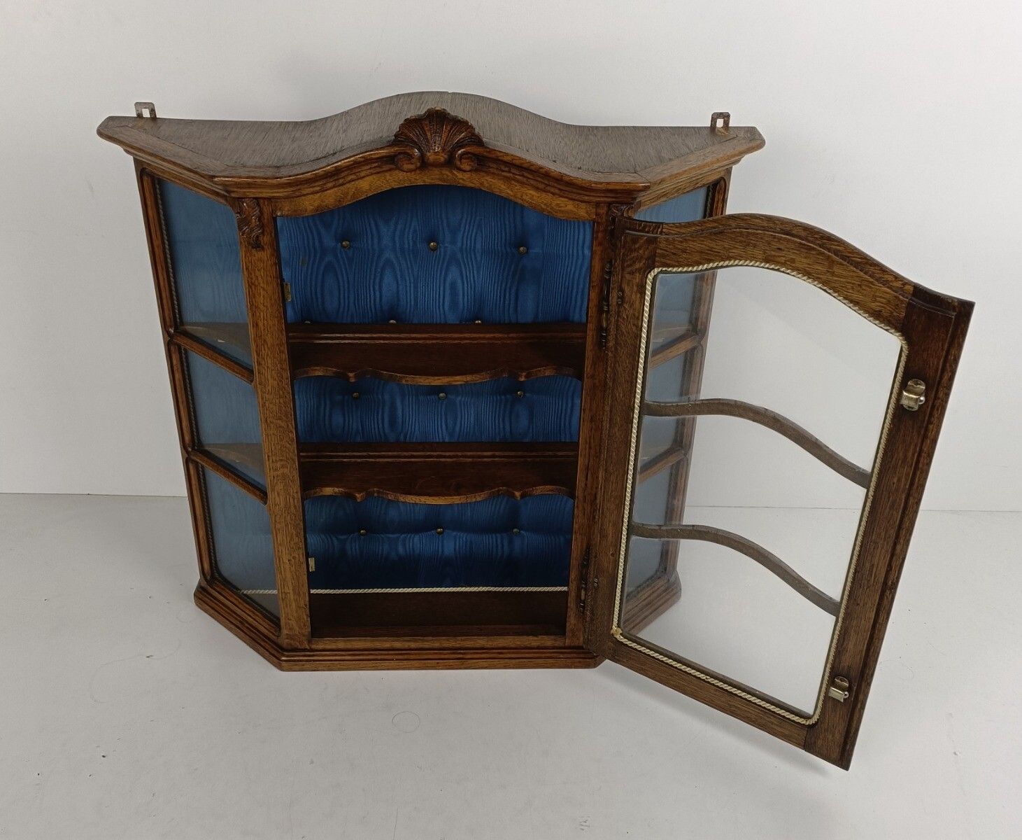 Ornate Carved Wood Glass Doors Display Cabinet Blue Velvet Modernist Vintage photo 263.0