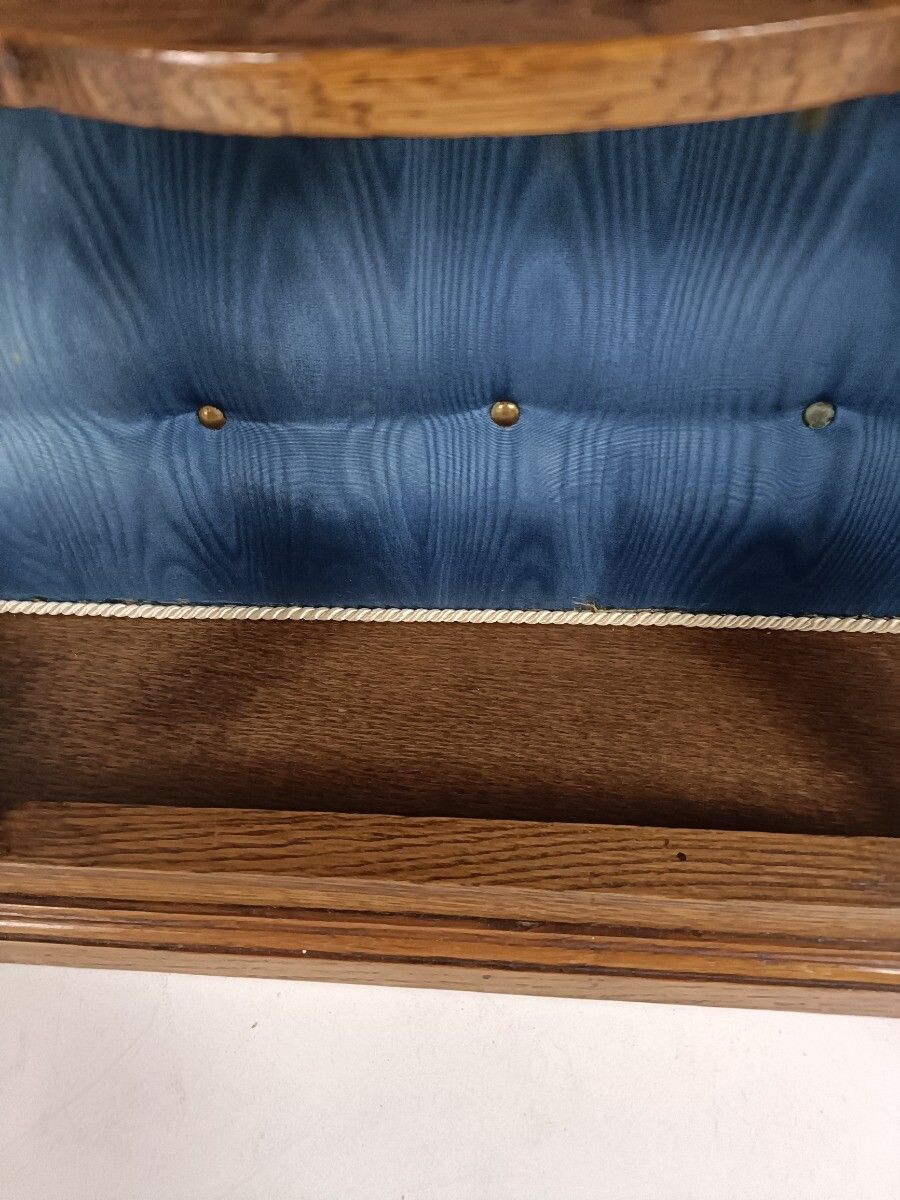 Ornate Carved Wood Glass Doors Display Cabinet Blue Velvet Modernist Vintage photo vintage
