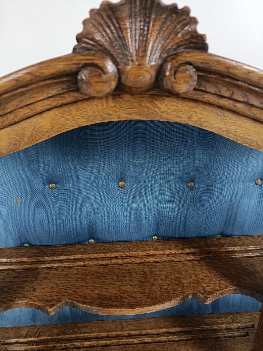 photo for sale Ornate Carved Wood Glass Doors Display Cabinet Blue Velvet Modernist Vintage