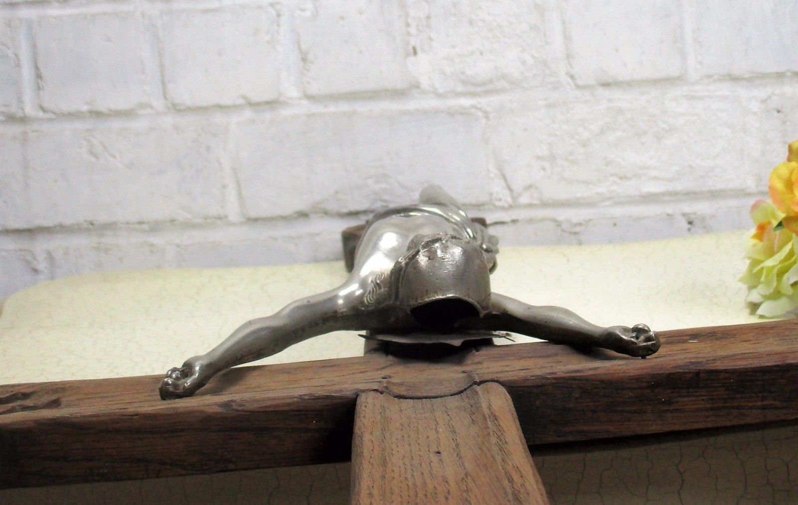 Large Vintage Oak Hanging Crucifix Cross Jesus Christ Spelter  Corpus 29.92" photo vinterior
