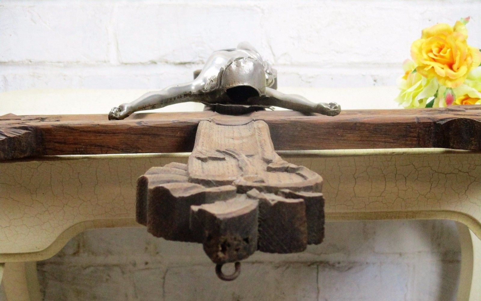 Large Vintage Oak Hanging Crucifix Cross Jesus Christ Spelter  Corpus 29.92" photo buy