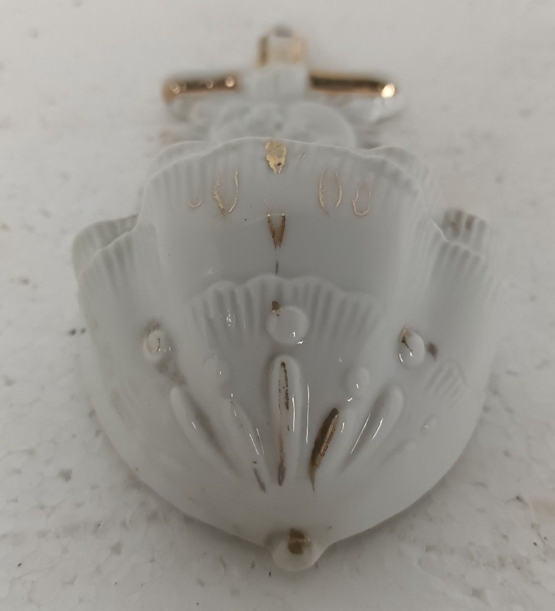 Lovely Small Antique Holy Water Font Vessel Porcelain Bisque Holy Heart Crucifix photo furniture