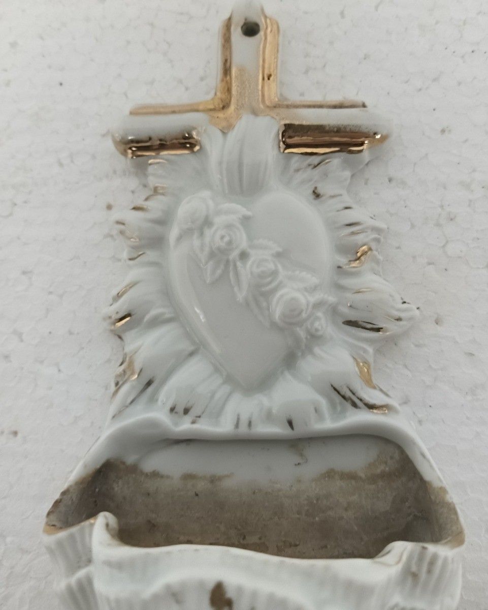 Lovely Small Antique Holy Water Font Vessel Porcelain Bisque Holy Heart Crucifix photo for sale