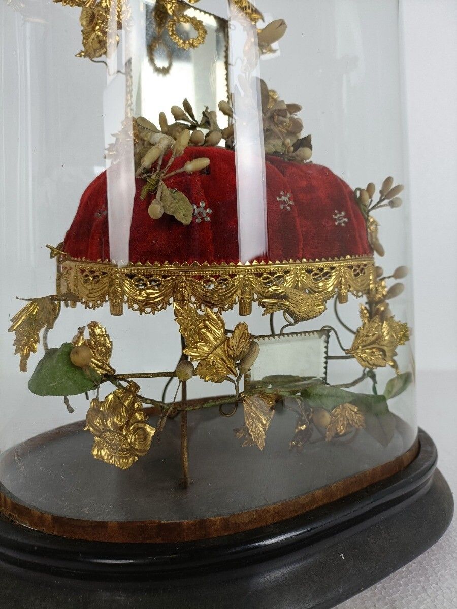 Antique Victorian French Bridal Wedding Dome Gold Gilt Leaves Ormolu Birds 19th photo vinterior