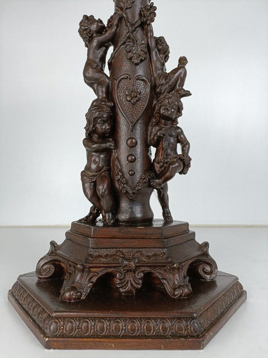 Ornate Vintage Resin Plant Stand Pedestal Side Table Putti Playing Faux Wood Far photo for sale