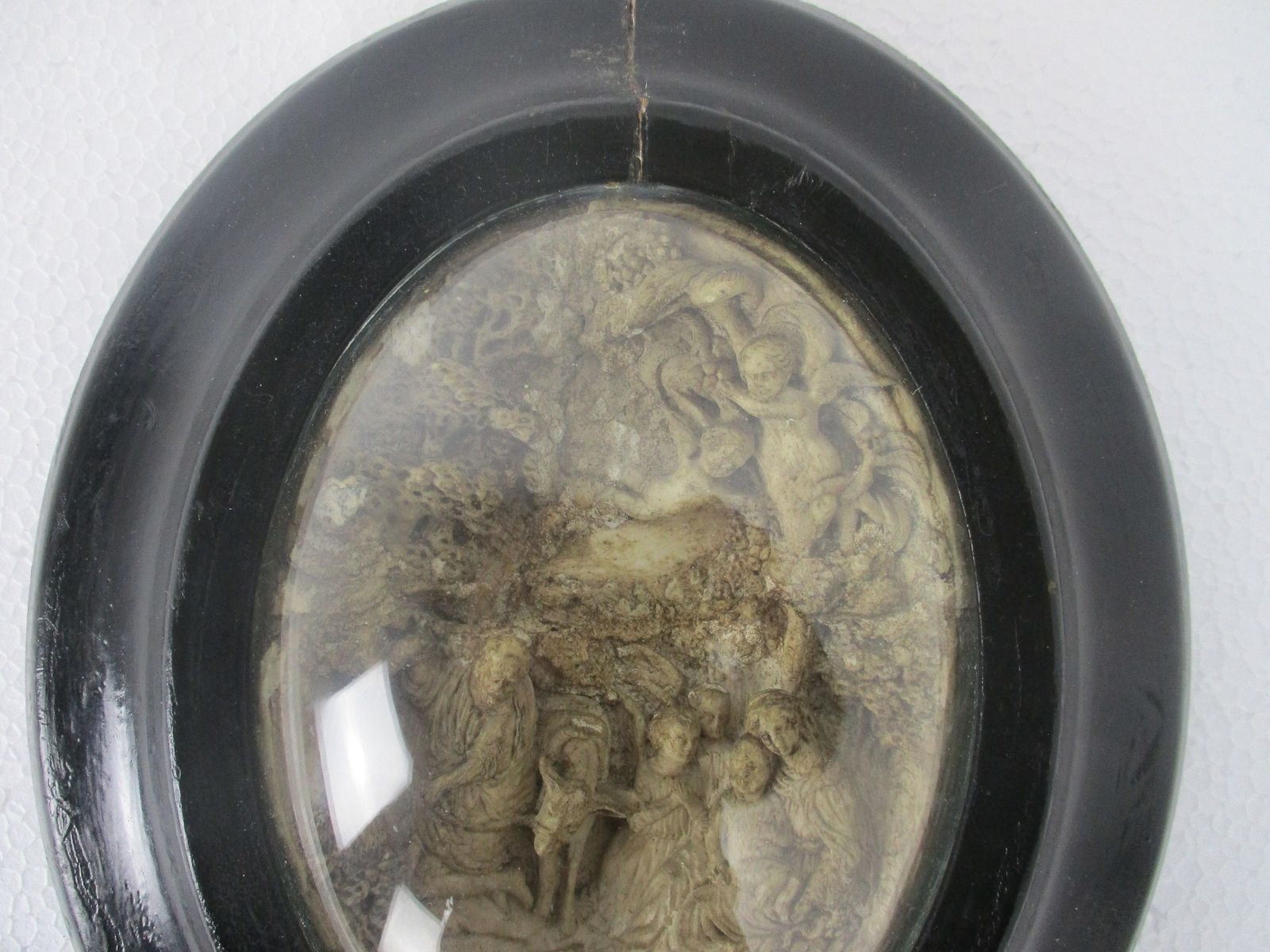 Antique Oval Ornate Wooden Frame  Convex Glass Dome Religious Scene Angels Meers photo furniture