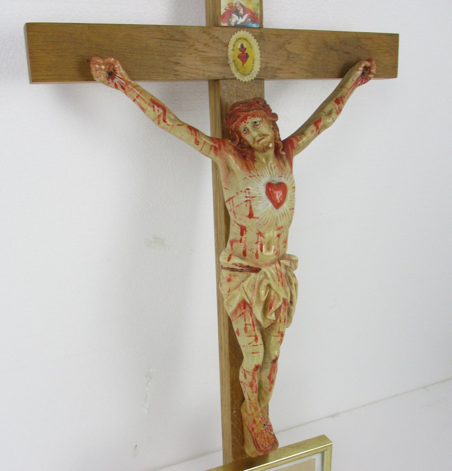 Xl Wood Hanging Church Crucifix Plaster Corpus Dramatic Holy Heart Germany photo Art
