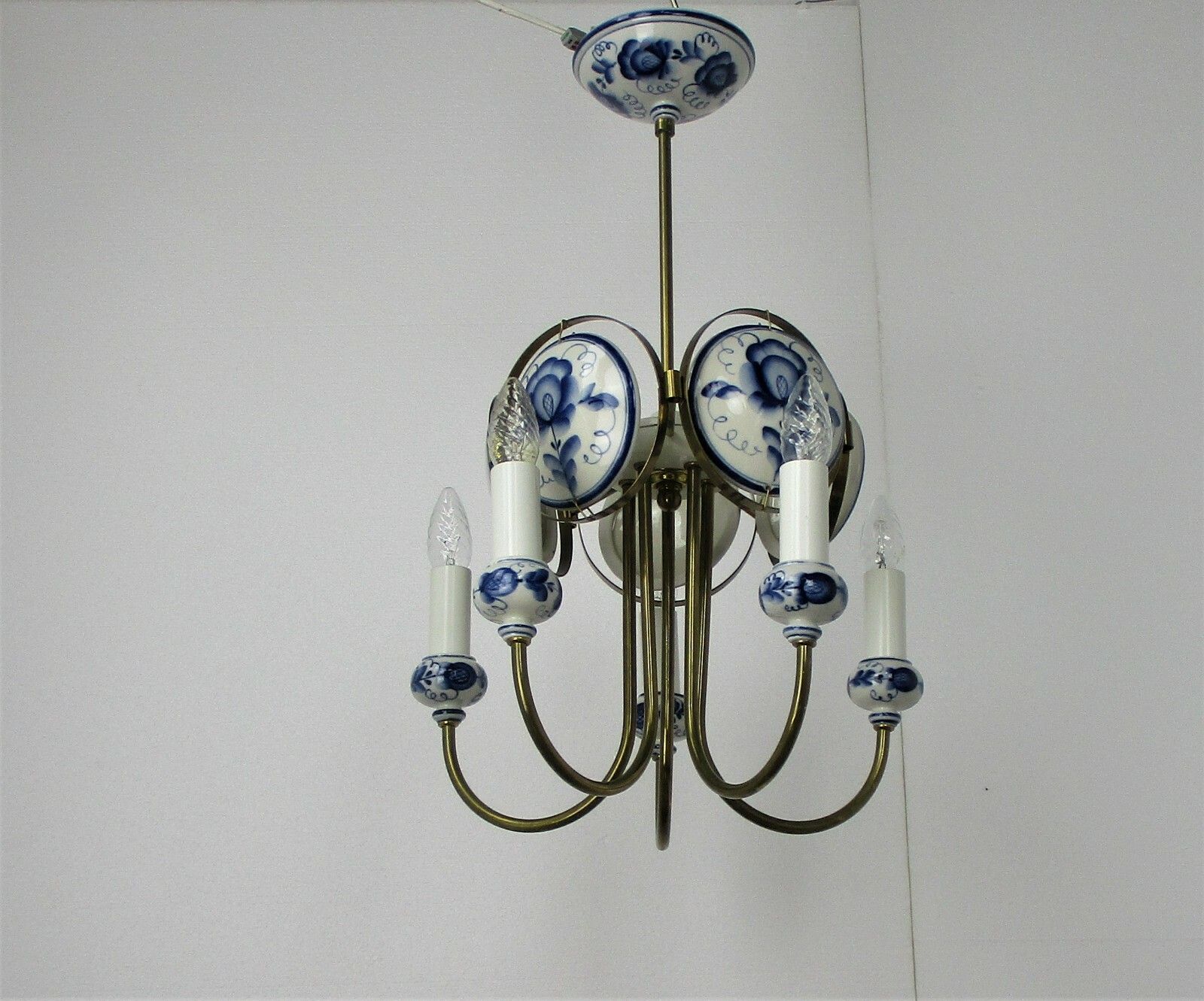Delft Blue White Porcelain  Brass Chandelier Dutch 5 Arm Lights Htf Medallions photo Lighting