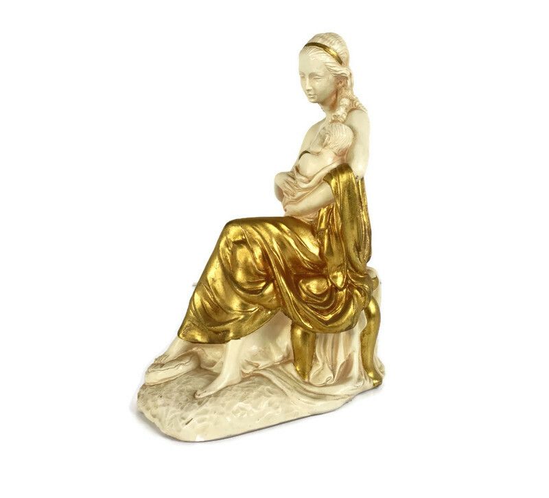Statue Figurine Sculpture Gold Gilded White Plaster Mother With Child Gorgeous T