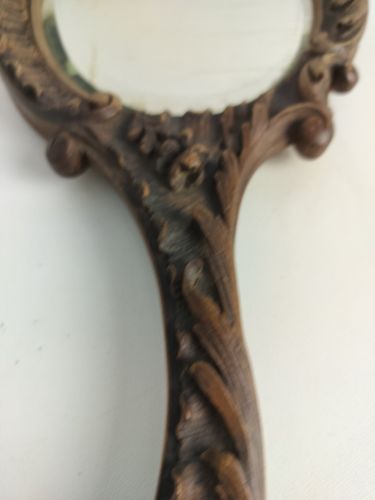 Antique Brass Hand Mirror Embossed Etched Beveled Glass Art Nouveau Lovely photo for sale