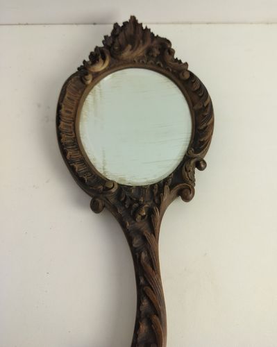 Antique Brass Hand Mirror Embossed Etched Beveled Glass Art Nouveau Lovely photo buy