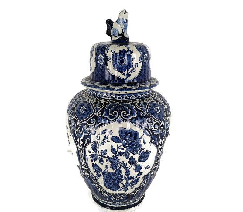 Large Vase Urn Lidded With Foo Dog Blue White, Delft Marked Royal Sphinx Maastri