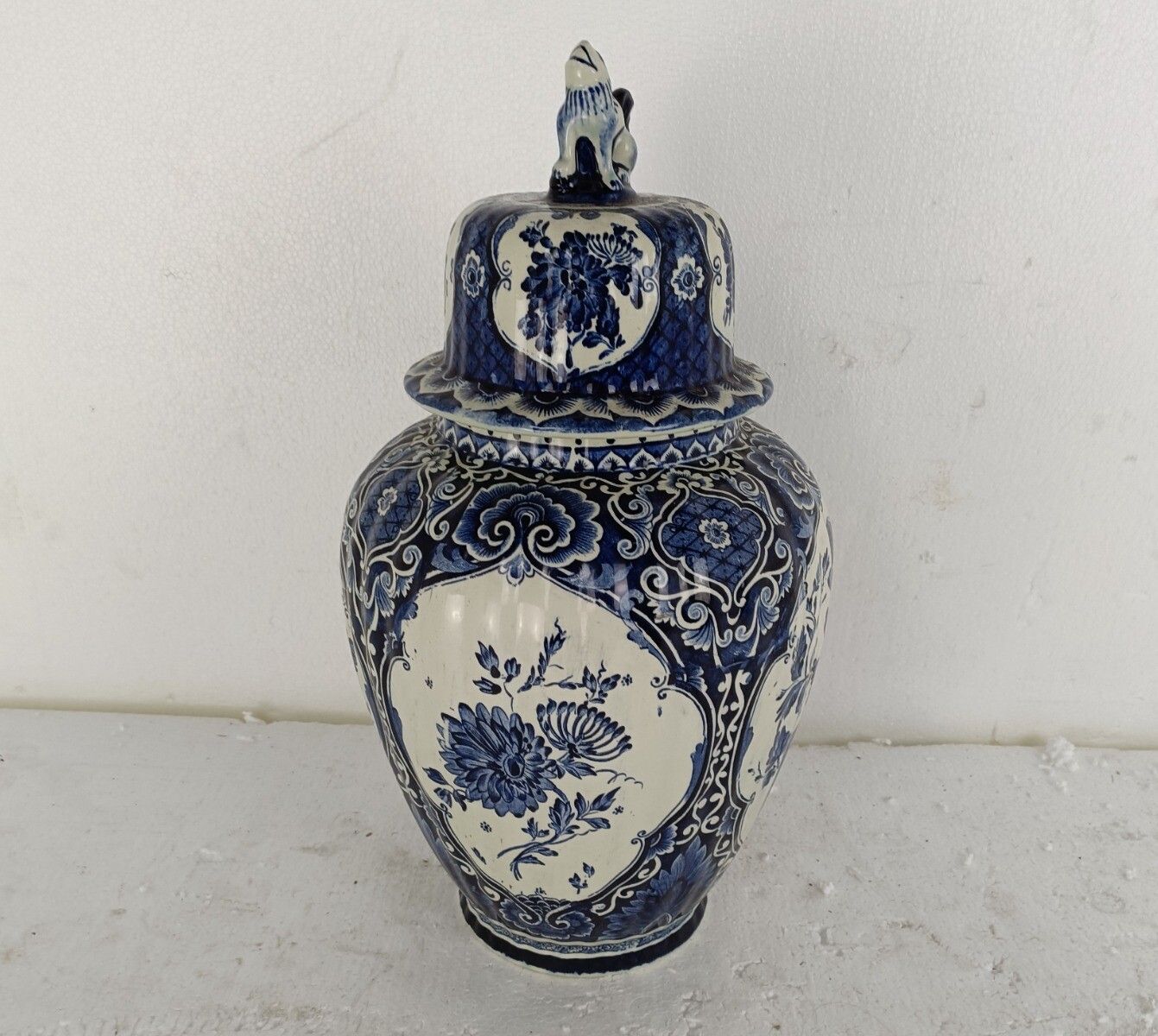 Large Vase Urn Lidded With Foo Dog Blue White, Delft Marked Royal Sphinx Maastri photo for sale
