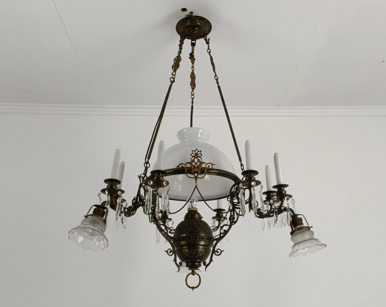 Lampe Belge Antique Chandelier Opaline Glass Shade Ornate Brass 4 Lights 9 Candl photo for sale