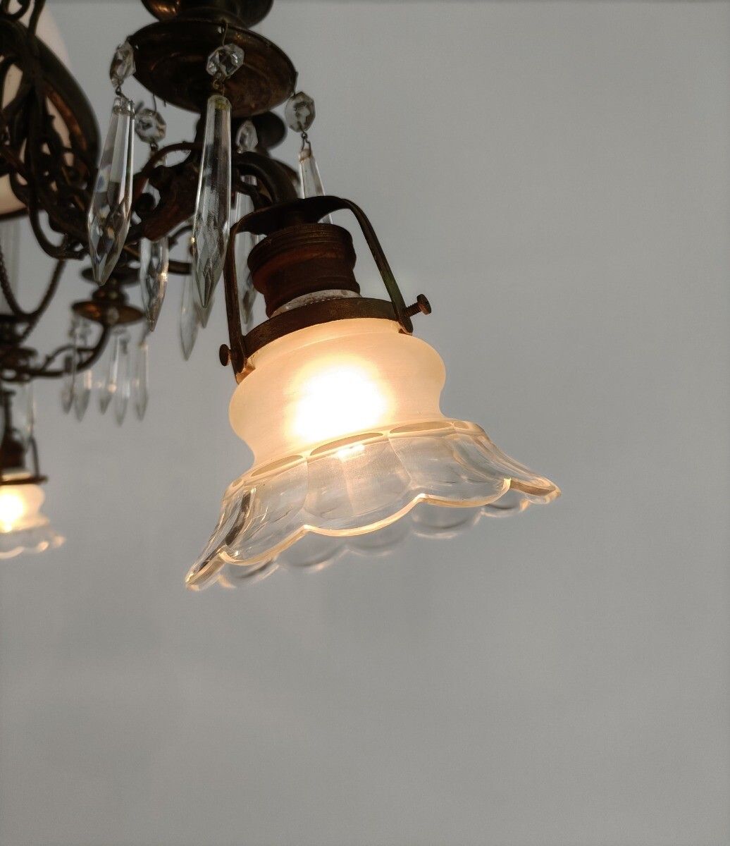 Lampe Belge Antique Chandelier Opaline Glass Shade Ornate Brass 4 Lights 9 Candl photo vintage
