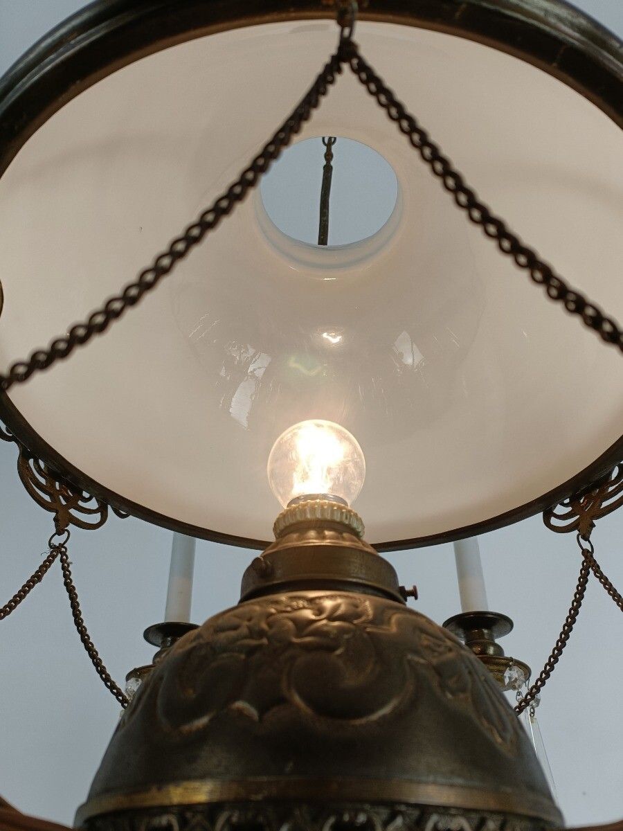 photo furniture Lampe Belge Antique Chandelier Opaline Glass Shade Ornate Brass 4 Lights 9 Candl