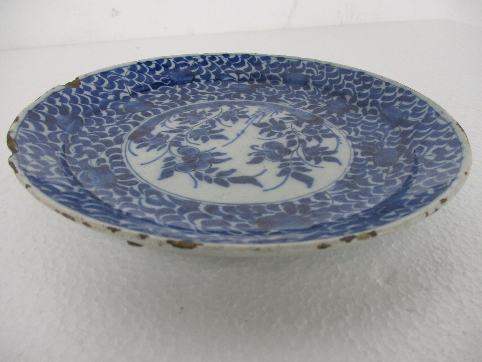 19th Century Delft Wall Hanging Charger Plate Blue White Antique Flower Pattern photo furniture