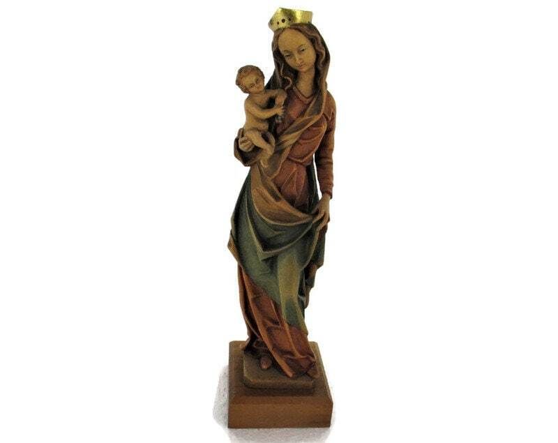 Virgin Mary Madonna Infant Child Wooden Statue Anri Style Polychrome Lovely 10.6