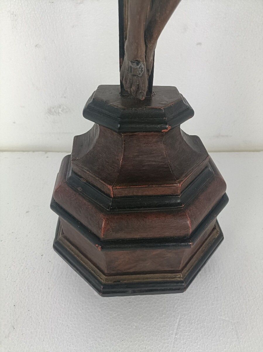 Standing Crucifix Cross Hand Carved Wood Wooden Art Piece Corpus French Magnific photo for sale