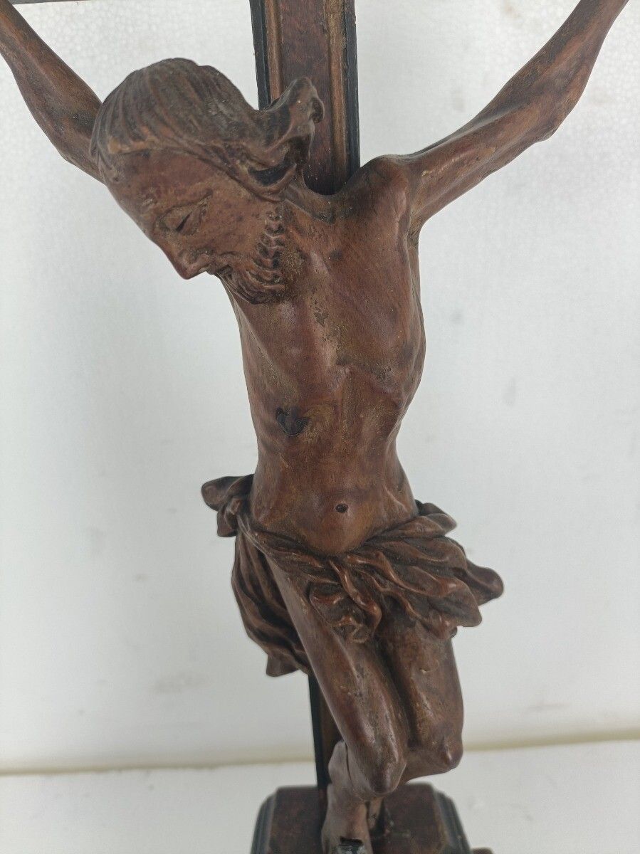 Standing Crucifix Cross Hand Carved Wood Wooden Art Piece Corpus French Magnific photo vintage