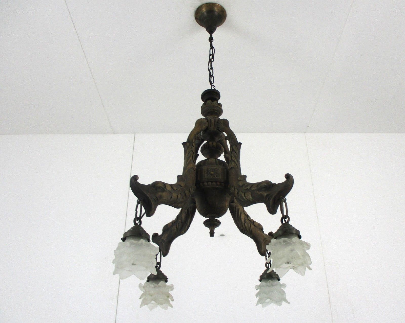 Hand Carved Wooden Chandelier  4 Arm Lights Barn Country Farmhouse Style Fish photo Lighting