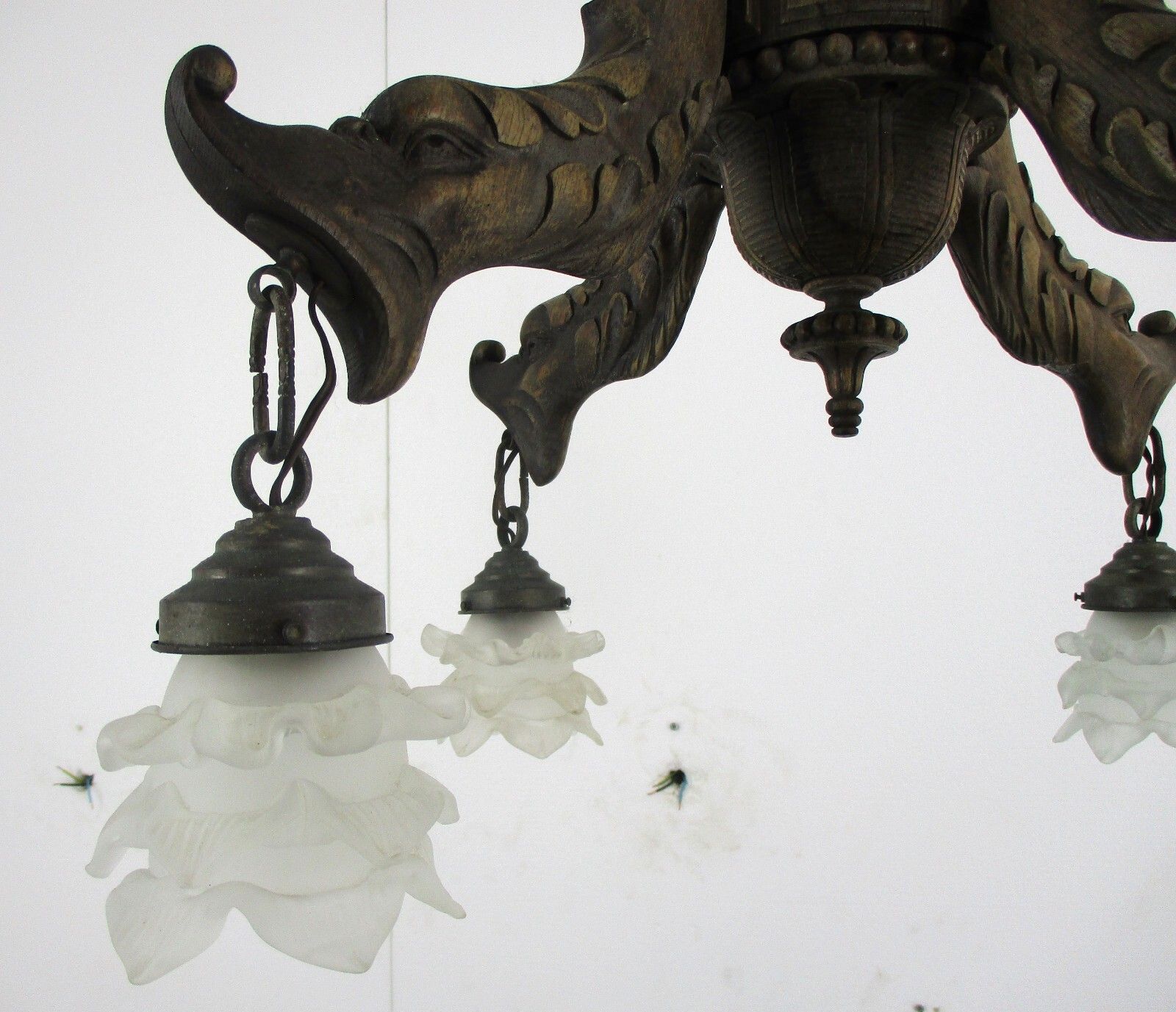 Hand Carved Wooden Chandelier  4 Arm Lights Barn Country Farmhouse Style Fish photo vintage