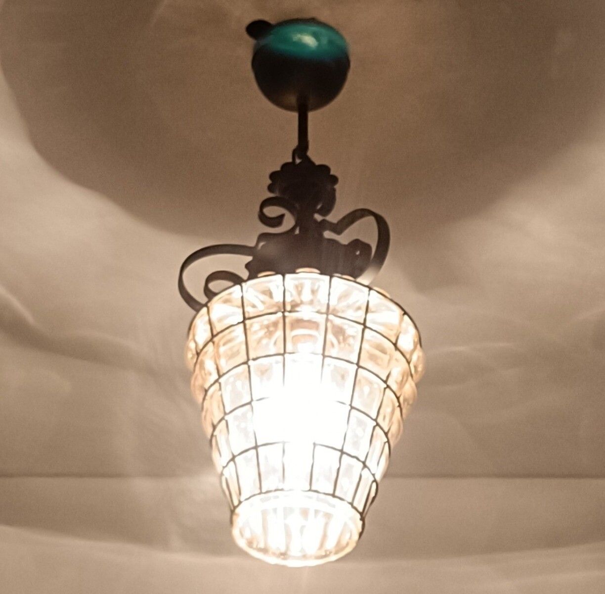 Chandelier Pendant Lamp Lantern Amber Bubbled Glass Wrought Iron Vintage photo furniture