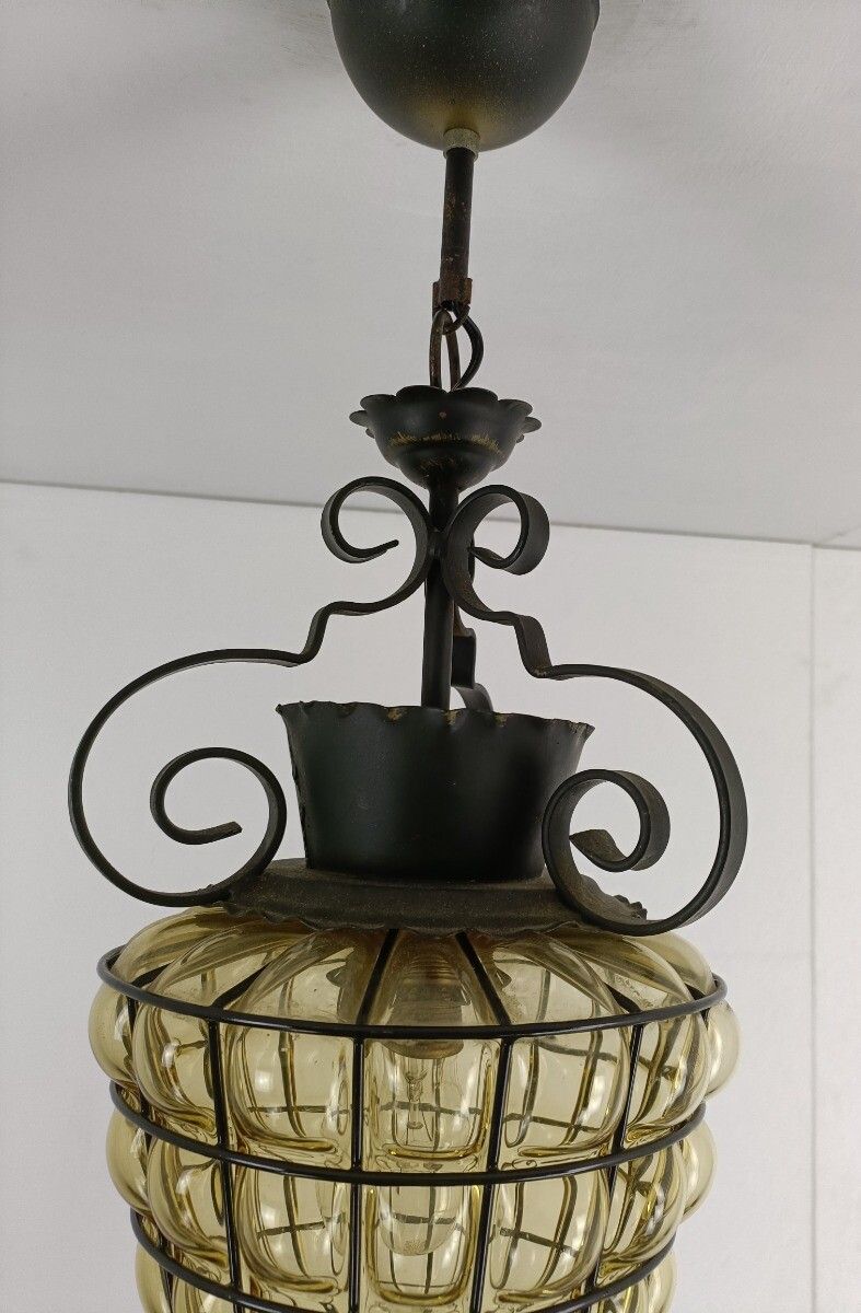 Chandelier Pendant Lamp Lantern Amber Bubbled Glass Wrought Iron Vintage photo vinterior