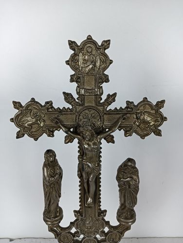 Standing Spelter Crucifix Cross Saint John Saint Mary Magdalene Golgotha Apostl photo vintage