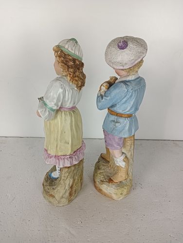Two Statue Figurines  Porcelain  Porcelain Antique Germany Boy Puppies Girl Kitt photo 244.0
