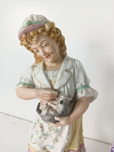 244.0 Two Statue Figurines  Porcelain  Porcelain Antique Germany Boy Puppies Girl Kitt photo