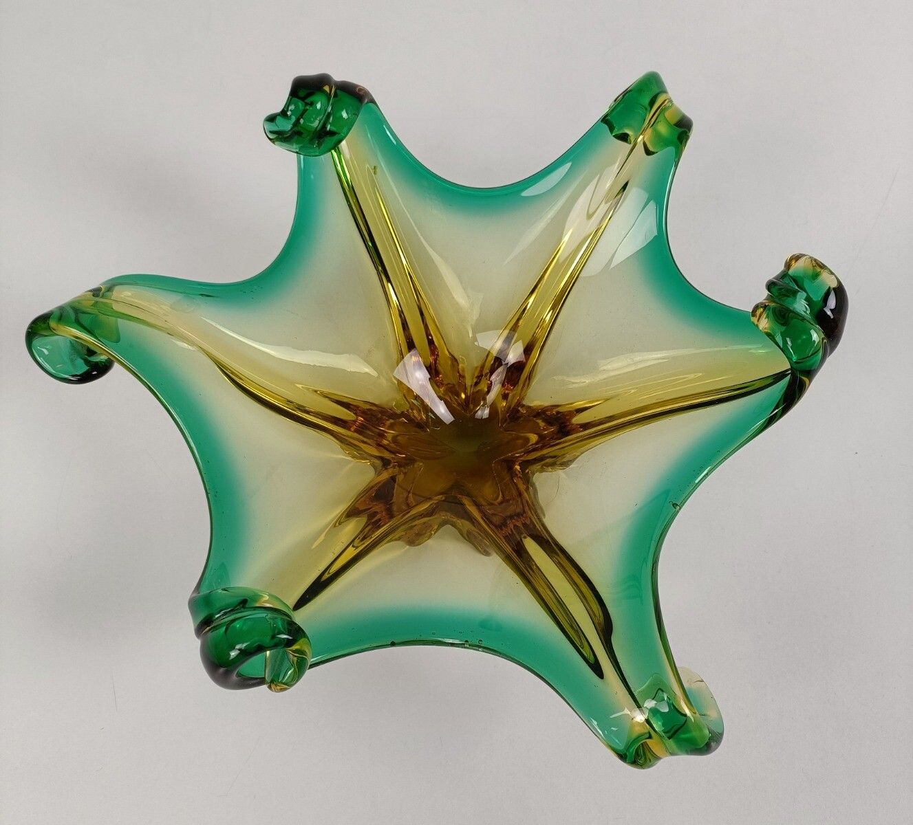 Gorgeous Bowl Dish Centerpiece Green Amber Art Glass Murano Italy Vintage photo for sale