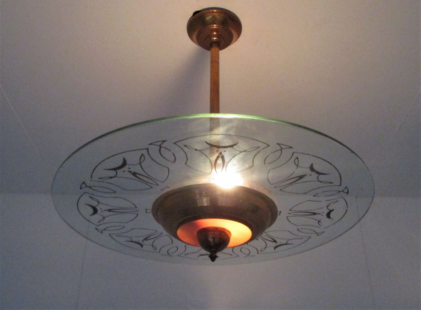 French Art Deco Lounge Chandelier Pendant Art Glass Red Copper Fixture Antique photo 278.0