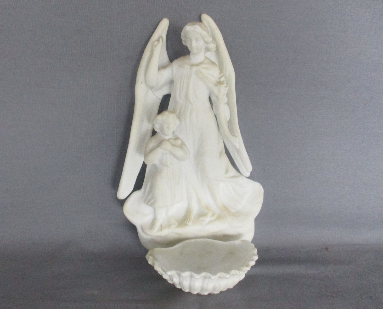 Antique  Holy Water Font Vessel Bisque Angel With Infant Jesus White Lovely Coll