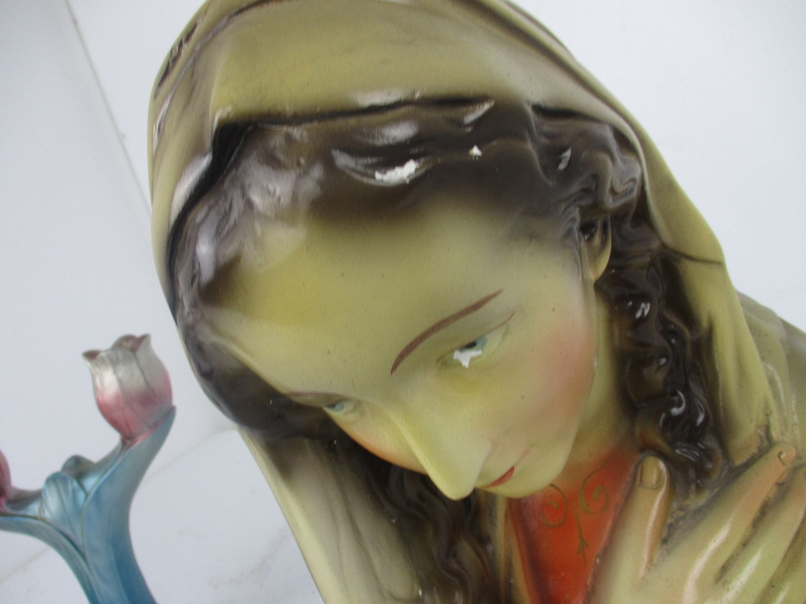 Virgin Mary Madonna Plaster Statue  Bust Plaster  2 Matching Candle Holders Art photo 131.0