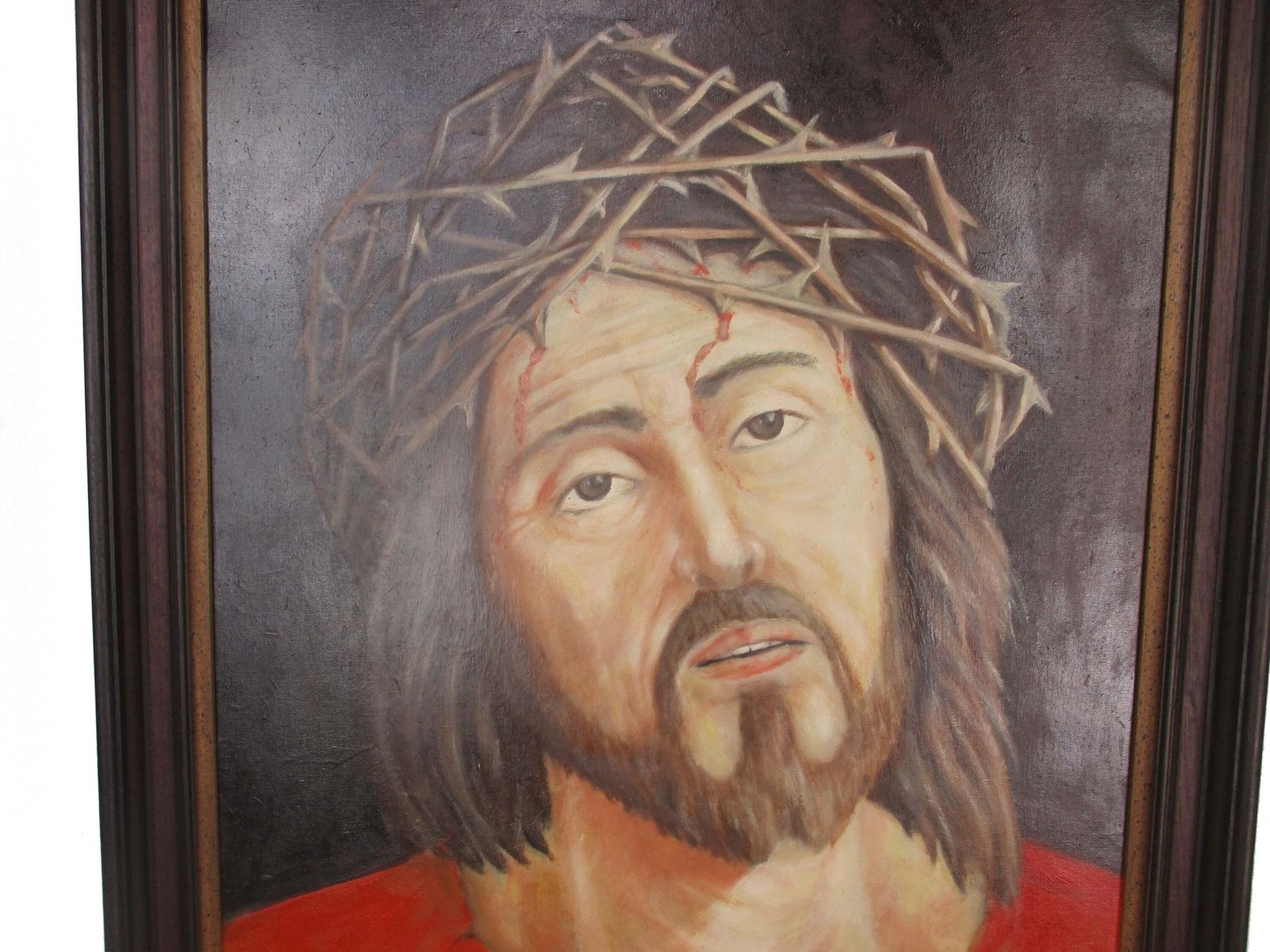 Lovely Painting Oil On Canvas Framed Jesus Christ Savior Head Of Thorns Signed G photo Art